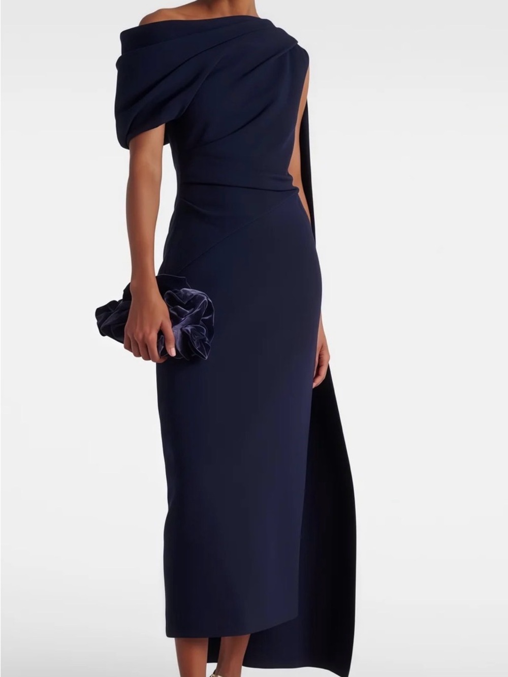 Off-Shoulder Navy Midi Dress with Draped Bodice